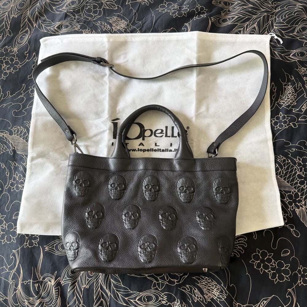 Io Pelle Italy 3D Skull Embossed Black Leather Medium Shoulder Bag Tote Handbag